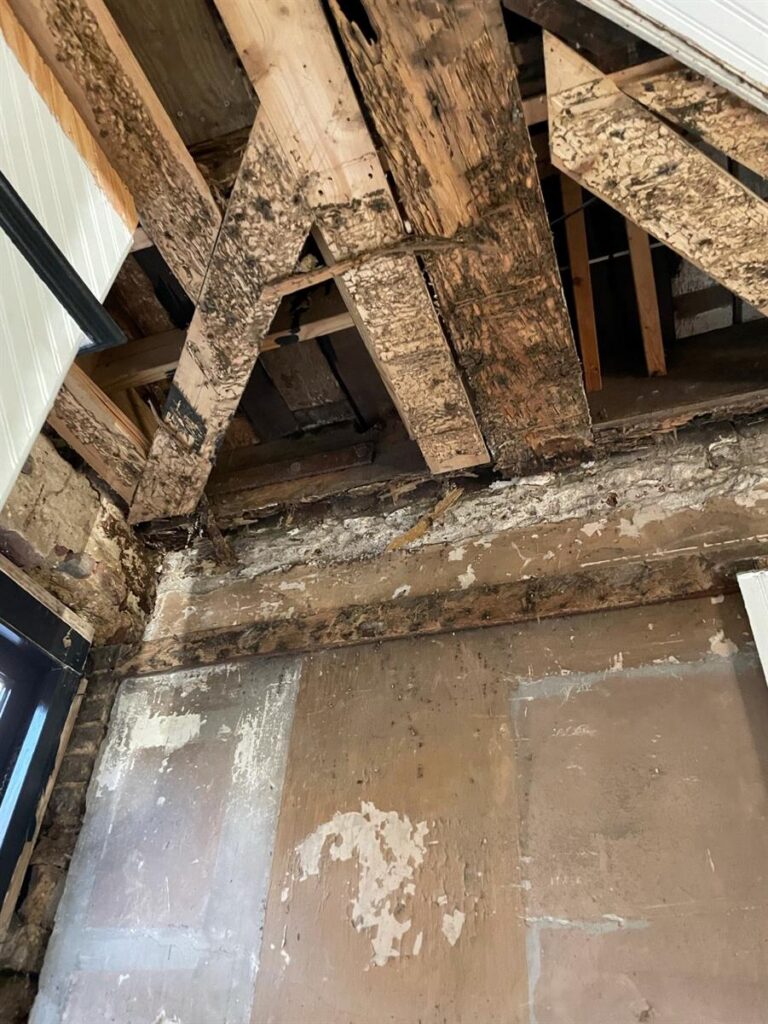 Rotted floor framing uncovered during a remodel, structural damage that calls for an engineer